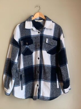 Blue Velvet Plaid Flannel Shacket Button Up Shirt Jacket Fall Coastal Small